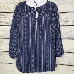 Como Vintage Women’s Navy Blue Striped Boho Peasant Top L Tie Neck Long Sleeve